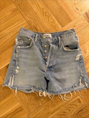 Agolde Light Blue Distressed Button-Fly Denim Shorts